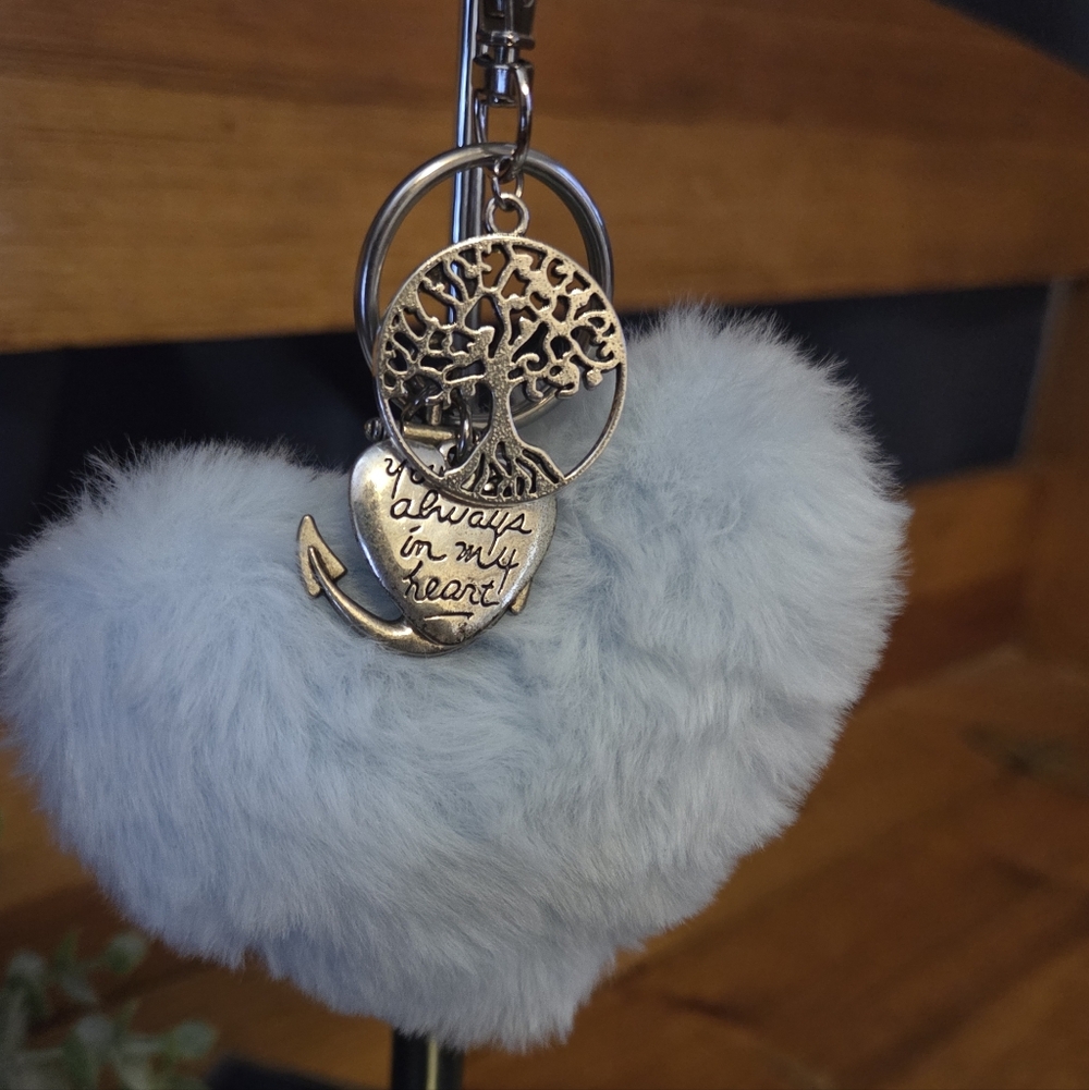 Heart Pom Keychain Light Blue Faux Fur Bag Charm Tree of Life Always in My Heart